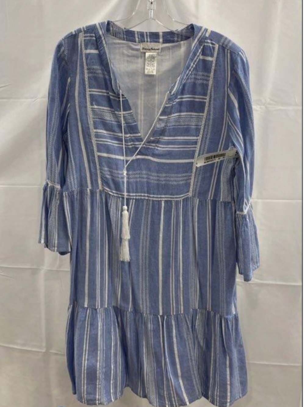 Tommy Bahama Blue/White Striped Tassel V Neck Peasant